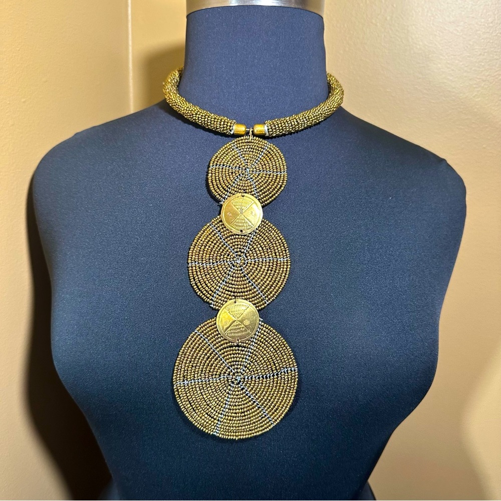 Vintage bronze color pendant beaded necklace